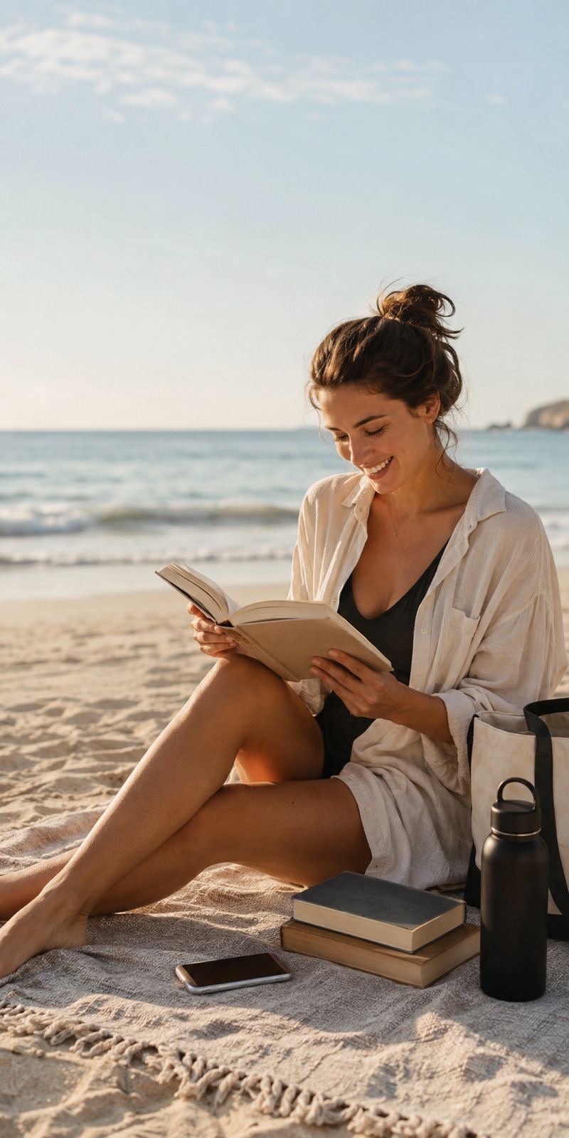 Reader enjoying a book at the beach