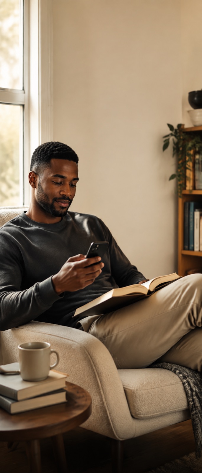 Reader returning to a book at home