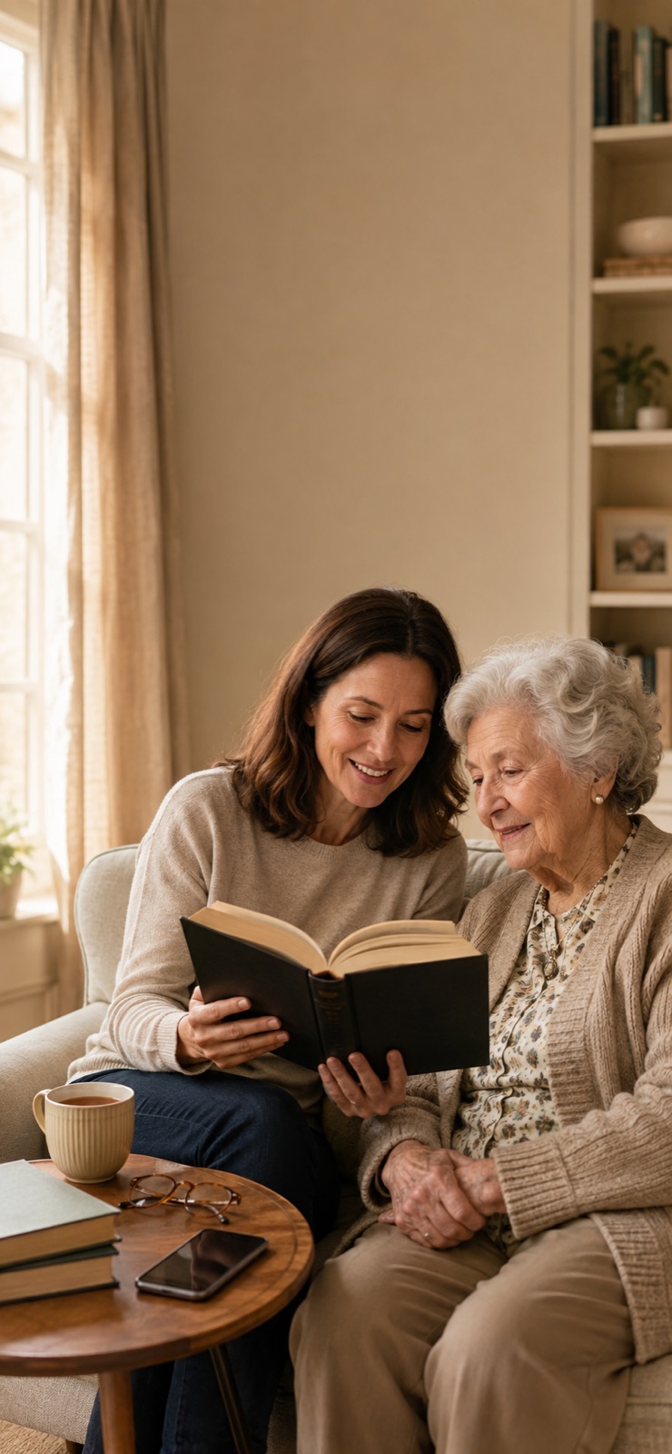 Two generations enjoying a book together