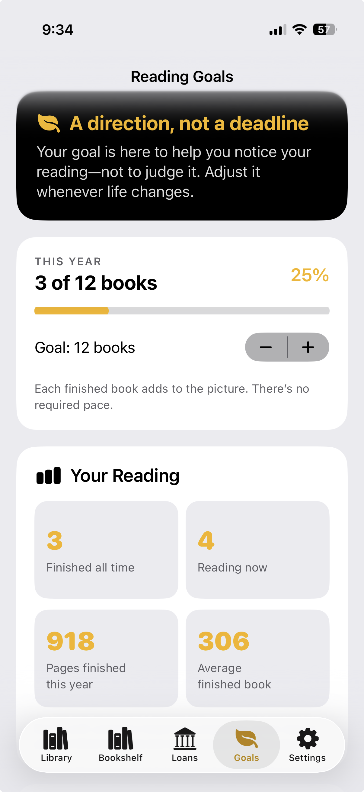 PageKeep reading goals and reading statistics screen