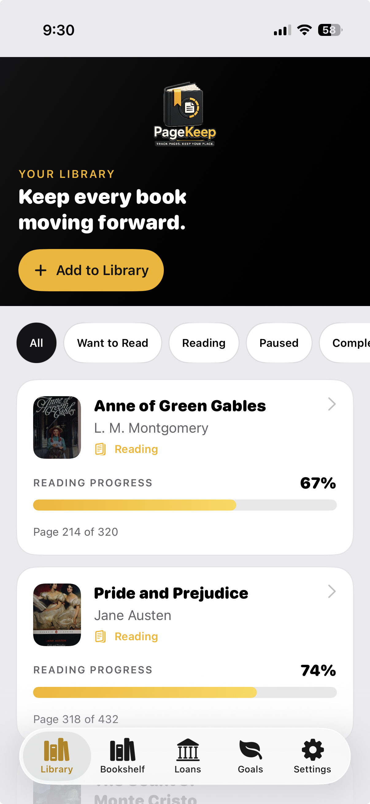 PageKeep library with status filters and book progress cards