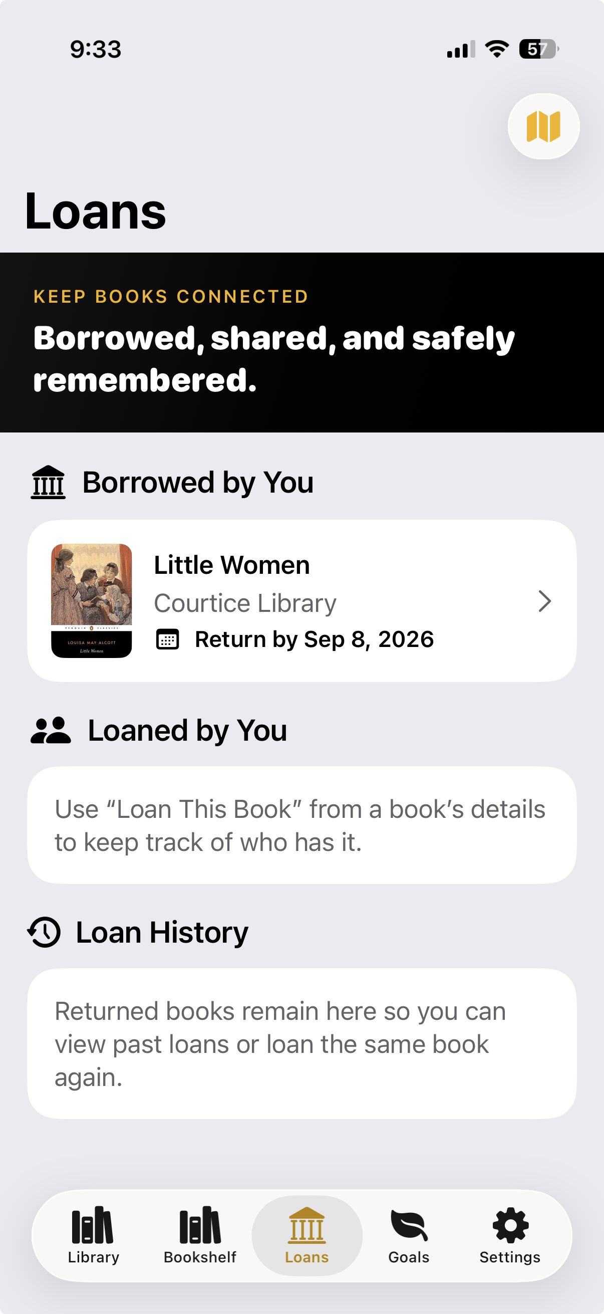 PageKeep loans screen with a borrowed library book and return date