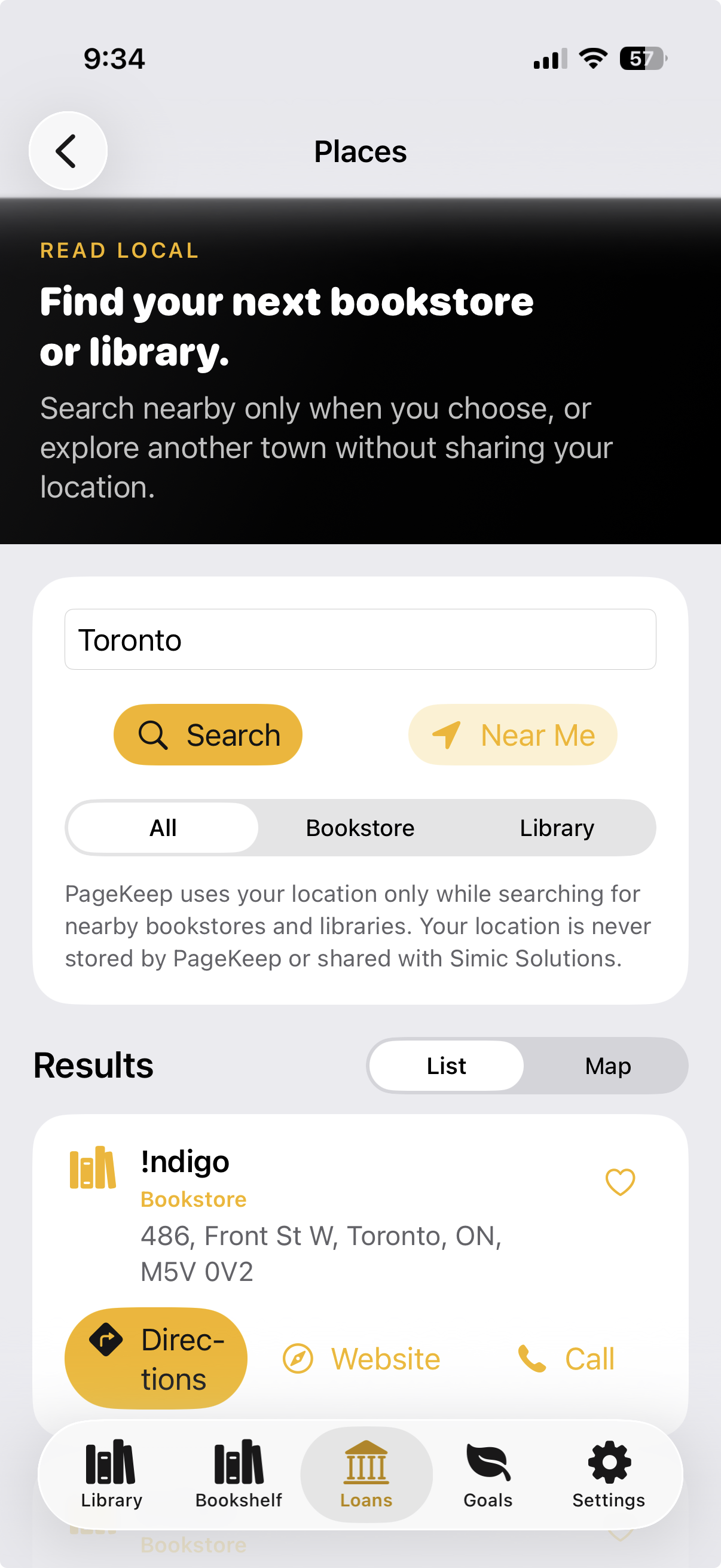 PageKeep Places screen with bookstore and library search results