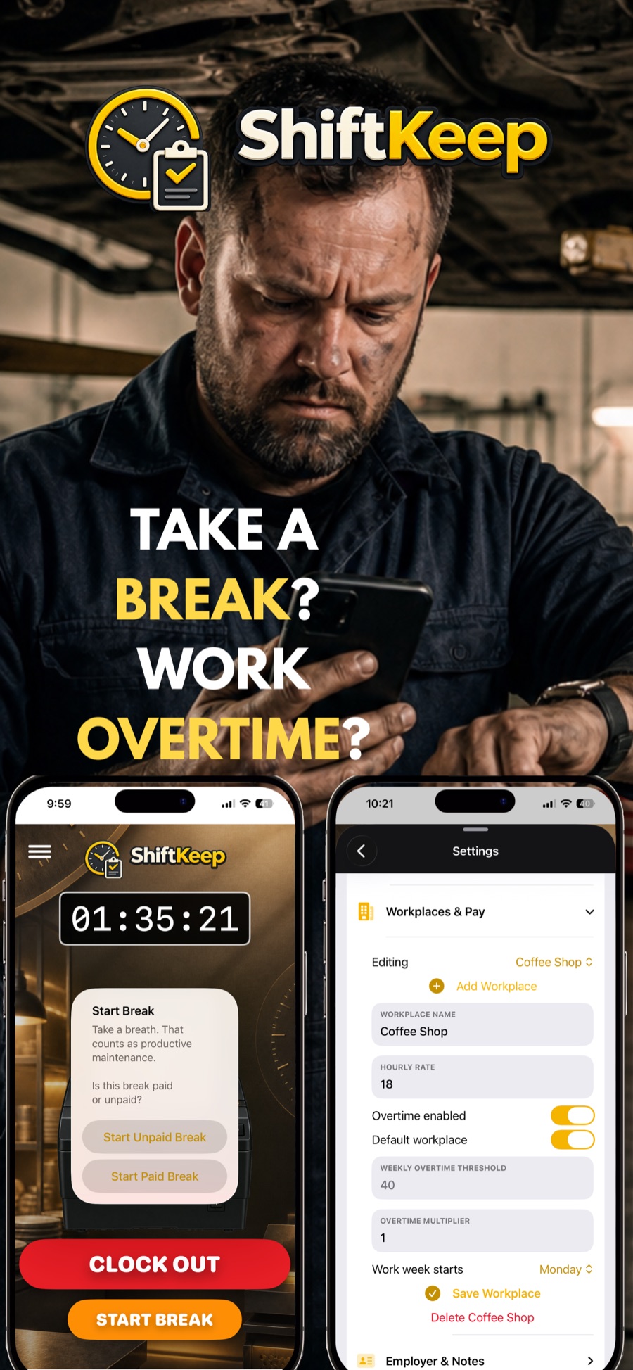 ShiftKeep break controls and workplace overtime settings