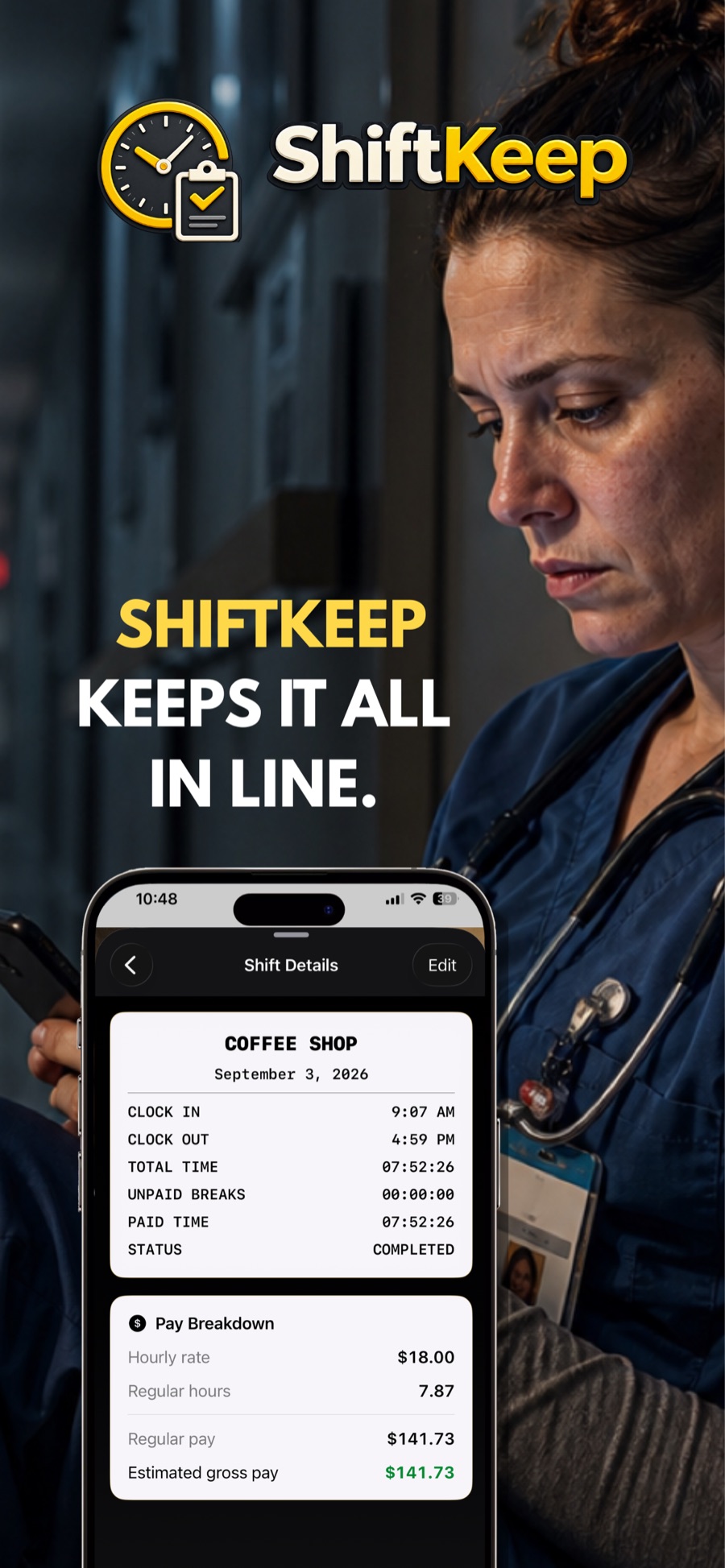 ShiftKeep completed shift details and estimated pay breakdown