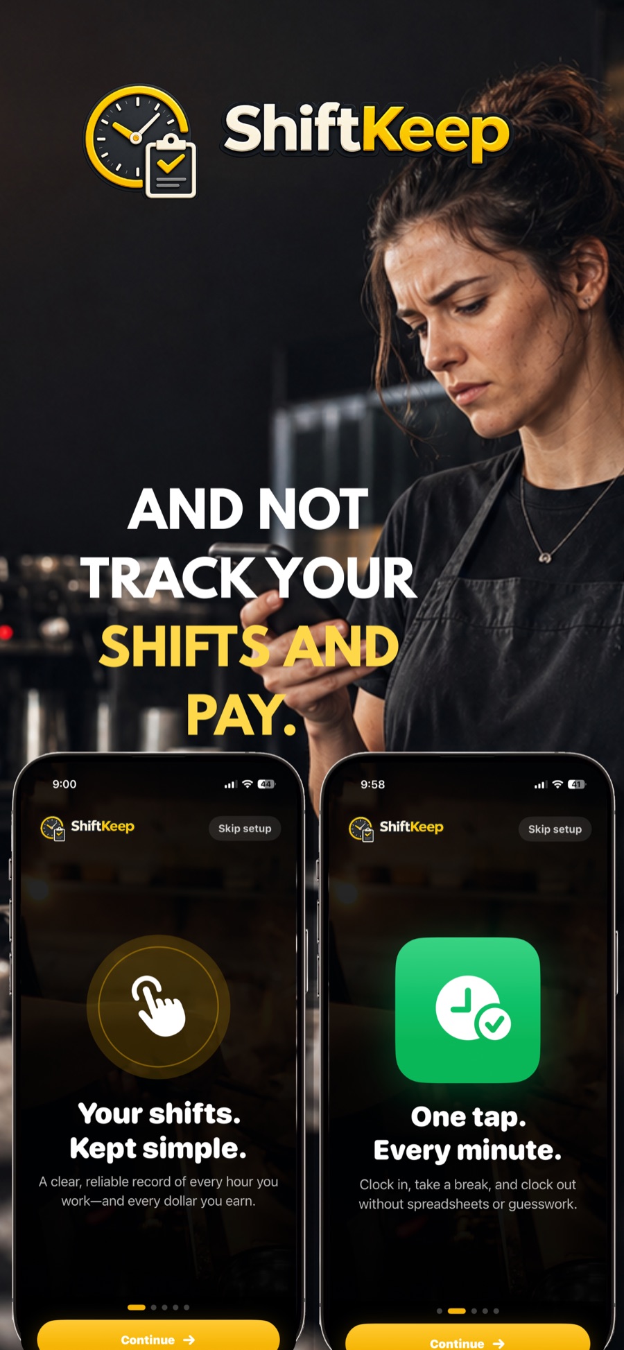 ShiftKeep onboarding and one-tap shift tracking screens