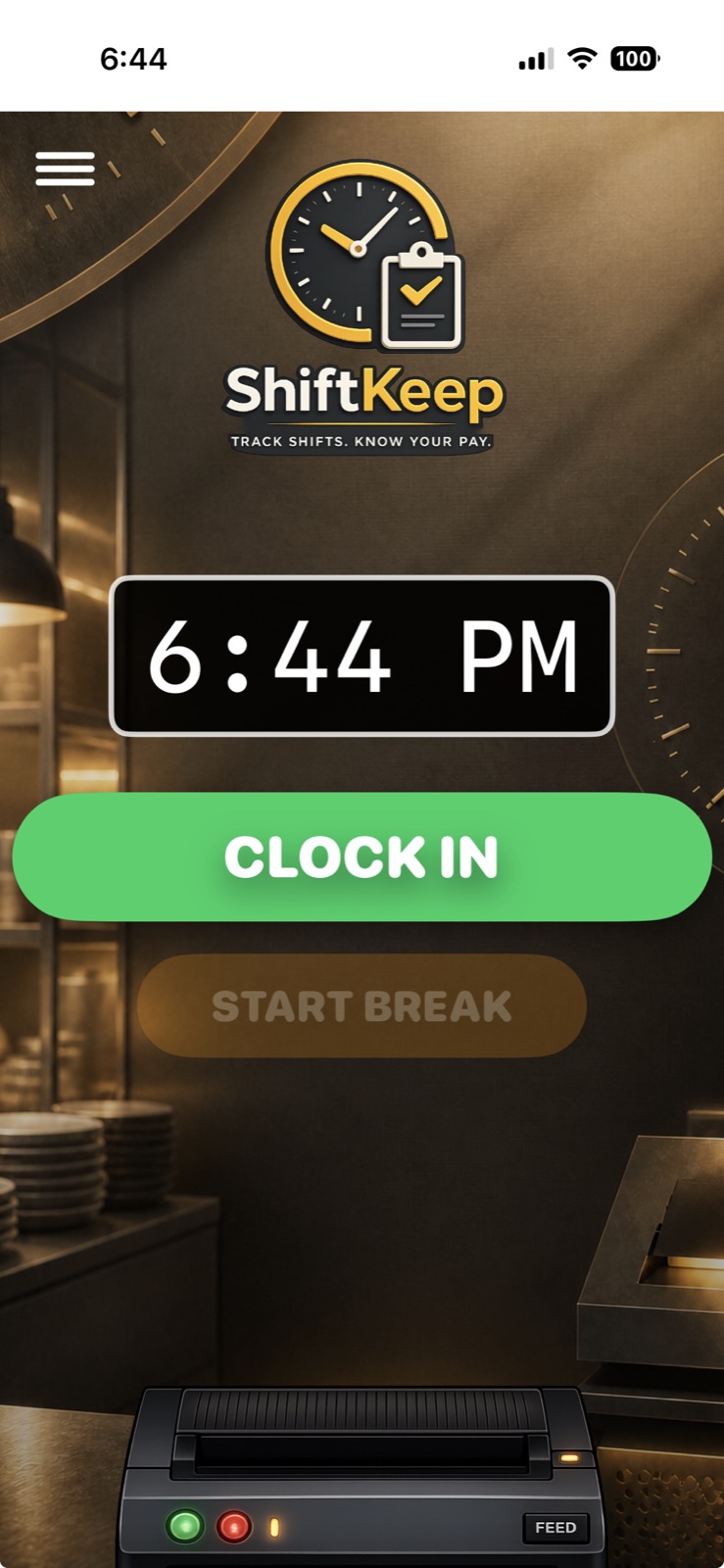 ShiftKeep Clock In screen showing a scheduled shift and a clock-in control