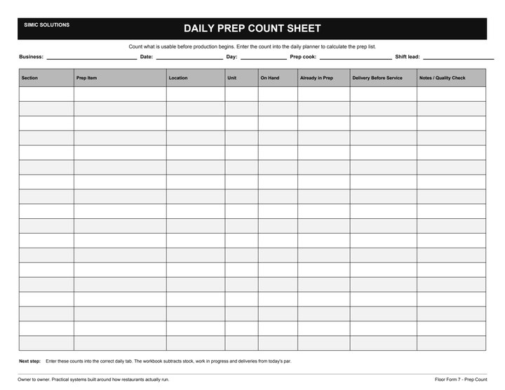 Preview of Daily Prep Count Sheet