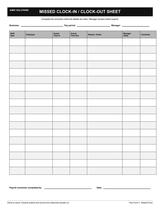 Preview of Missed Clock-In Sheet