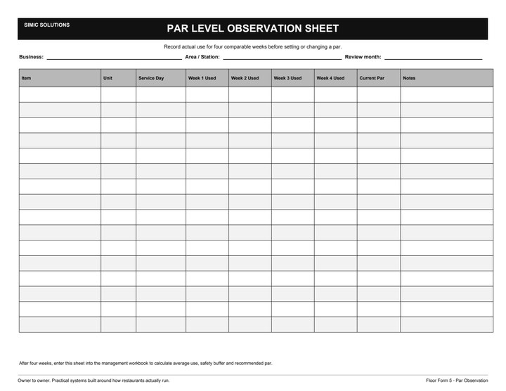 Preview of Par Level Observation Sheet