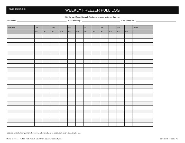 Preview of Weekly Freezer Pull Log